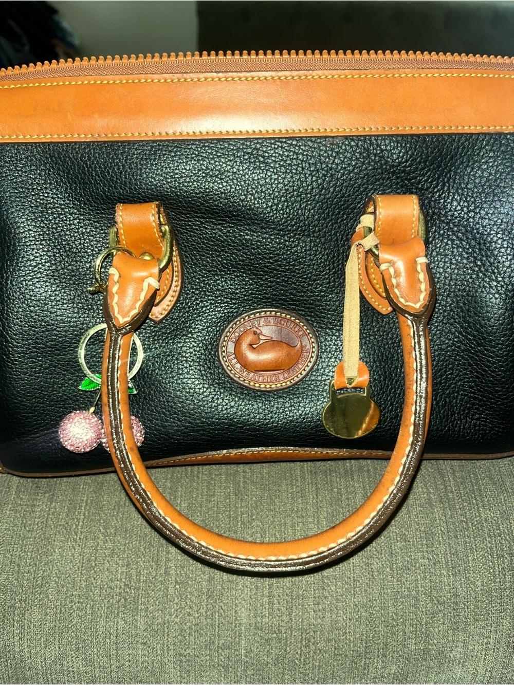 Dooney & Bourke Black Pebble Leather Satchel with Tan Trim and Handles